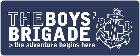 Boys Brigade Logo featuring white text, a white anchor and the logo, sure and steadfast on a dark blue background.